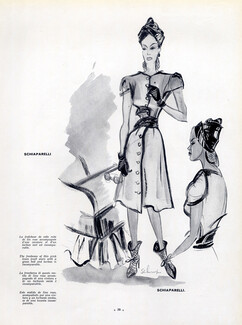 Schiaparelli 1940 Dress Pink Linen, Belt and Turban, Schompre, Fashion Illustration