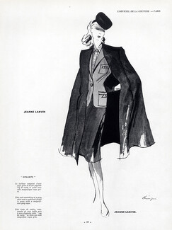 Jeanne Lanvin 1940 Model Dynamite, Suit Jacket & Cape, Fashion Illustration Benigni