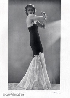 Worth 1939 Robe du soir plissée, Large volant en dentelle ocre, Evening Gown, Photo Joffé