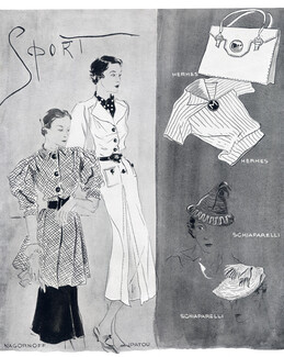 Nagornoff & Patou (Fashion) 1935 Hermès Handbag & Blouse, Schiaparelli Hats