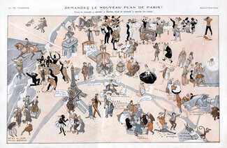 Pierre Lissac 1920 "Plan de Paris" Eiffel Tower, Arc De Triomphe, Dancers, Jazz Band, Comic Strip