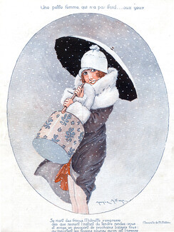 Maurice Millière 1926 Attractive Girl Under the Snow, Umbrella