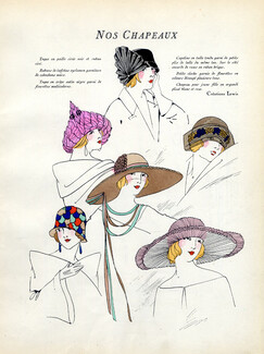 Lewis (Millinery) 1923 Toque, Capeline, Cloche, Fashion Illustration Hats, Pochoir