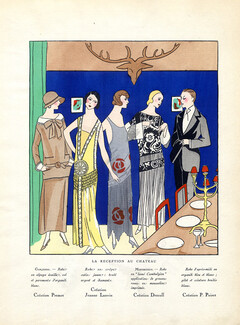 Jeanne Lanvin, Premet, Drecoll, Poiret 1923 Fashion Illustration, Pochoir, Evening Gown