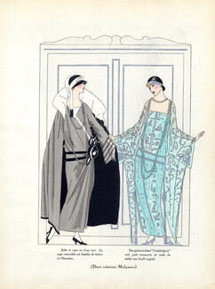 Molyneux 1923 Fashion Illustration, Pochoir, Cape and Dress, Tea-Gown