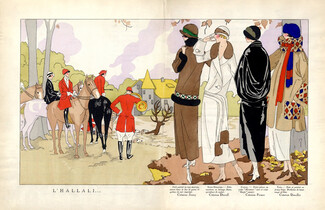 Jenny, Premet, Doeuillet, Drecoll 1923 Hunting Fashion Illustration, Pochoir