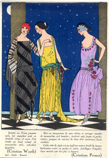 Worth & Premet 1923 Evening Gown, Fashion Illustration, Pochoir