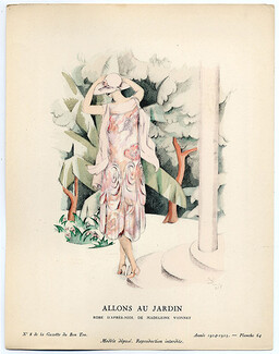 Allons au Jardin, 1925 - Madeleine Rueg, Robe d'après-midi, de Madeleine Vionnet. La Gazette du Bon Ton, 1924-1925 n°8 — Planche 64