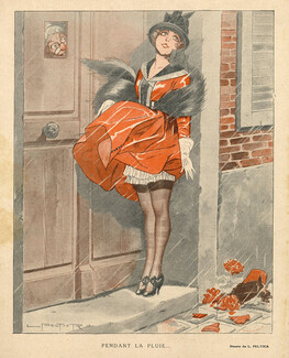 Peltier 1918 "Pendant la Pluie" During the rain, Wind, Sexy Looking Girl