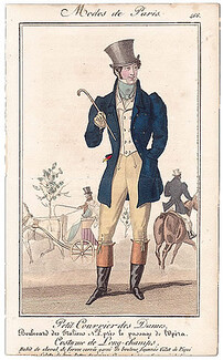 Petit Courrier des Dames 1827 N°466 Modes de Paris, Men's Clothing, Horse Carriage