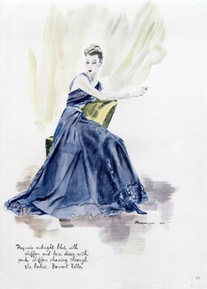 Paquin 1940 Midnight-blue Silk Chiffon, Pierre Mourgue, Fashion Illustration