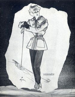Hermès (Couture) 1945 Back Jacques Maraut Sport Skiing Fashion Illustration