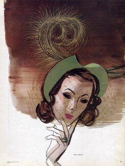 Rose Descat (Millinery) 1947 Hats, Chassard, Fashion Illustration
