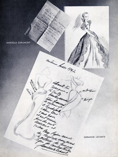 Germaine Lecomte & Marcelle Chaumont 1947 Sketch, Outline, Autograph, Fashion Illustration