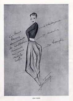 Jean Dessès 1947 Sketch, Outline, Autograph, Fashion Illustration
