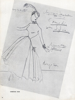 Christian Dior 1947 Sketch, Outline, Autograph, Fashion Illustration