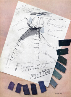 Jacques Fath 1947 Sketch, Outline, Autograph, Fashion Illustration