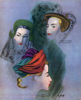Suzy (Millinery) 1947 Suzanne Talbot, Blanche et Simone, Hats, Fashion Illustration