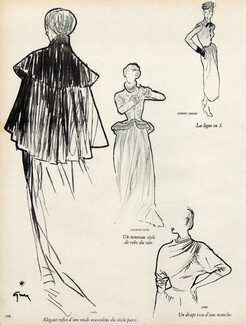 René Gruau 1947 Jacques Fath, Pierre Balmain, Lelong, Grès, Fashion Illustration, 4 pages