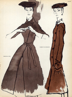 René Bouché 1955 P1 Christian Dior, Hubert de Givenchy, Fashion Illustration