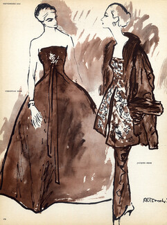 René Bouché 1955 P2 Christian Dior, Jacques Heim, Evening Gown