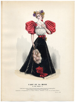 L'Art et la Mode 1894 N°51 Marie de Solar, colored fashion lithograph, Fan, Dress for theater