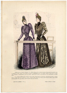 L'Art et la Mode 1890 N°14 Marie de Solar, colored fashion lithograph, Dresses for the Horse Racing