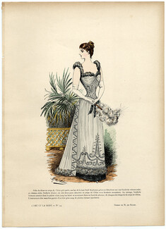 L'Art et la Mode 1890 N°34 Marie de Solar, colored fashion lithograph, Dinner Dress, Fan