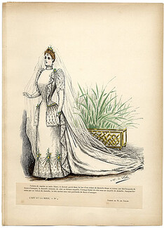 L'Art et la Mode 1891 N°04 Marie de Solar, hand colored fashion plate, Wedding Dress