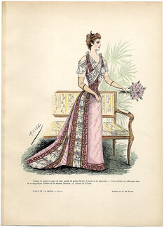 L'Art et la Mode 1891 N°10 Marie de Solar, colored fashion lithograph, Dinner Dress, Jésurum
