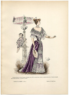 L'Art et la Mode 1891 N°12 Marie de Solar, colored fashion lithograph, Dinner Dress, Jésurum