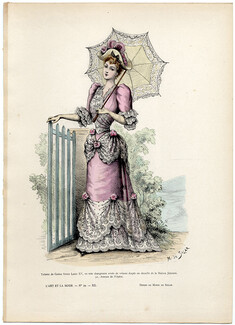 L'Art et la Mode 1891 N°29 Marie de Solar, colored fashion lithograph, Casino dress, Lady Parasol
