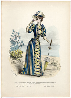 L'Art et la Mode 1891 N°30 Marie de Solar, colored fashion lithograph, Beachwear