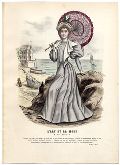 L'Art et la Mode 1893 N°27 Jules Hanriot, colored fashion lithograph, Lady Parasol, Beachwear