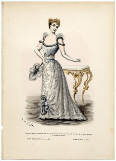 L'Art et la Mode 1891 N°47 Complete magazine with colored fashion engraving by Marie de Solar, Evening Dress