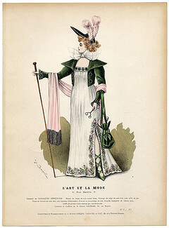 L'Art et la Mode 1894 N°07 Colored engraving by Jules Hanriot, Gigolette Directoire Costume, 20 pages