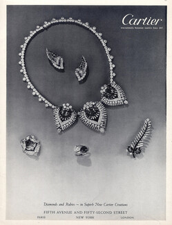 Cartier 1950 Diamonds and Rubies, Necklace, Earrings, Clips