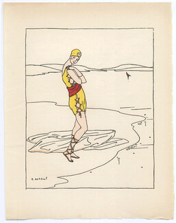 Borelli-Vranska 1914 Pochoir Plate, Bathing Beauty, Swimmer