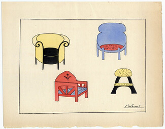 Colomès 1914 Pochoir Plate, Armchairs and Chairs Art Deco Style