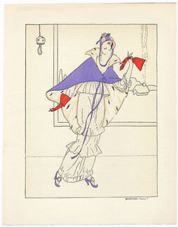 Borelli-Vranska 1914 Pochoir Plate, Evening Gown, Fur Cape, Fashion Illustration