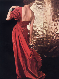 Jeanne Lafaurie 1948 Robe drapée rouge, Evening Gown, Bianchini Férier