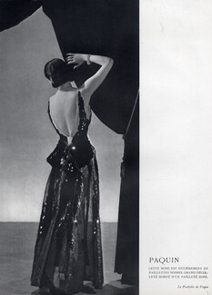 Paquin 1937 backless black embroidery paillettes Evening Gown