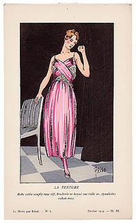 Fried 1919 "La Tenture" Evening Gown Pink Satin and Ribbon, Pochoir