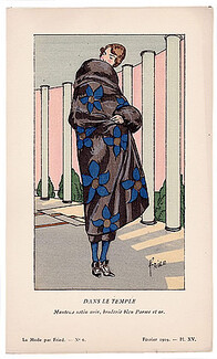 Fried 1919 Evening Satin Coat, Blue Embroidery, Art Deco Pochoir
