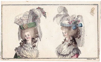 Magasin des Modes Nouvelles Françoises et Angloises 1786 cahier n°1, plate n°2, Desrais, Hairstyle, Bonnets