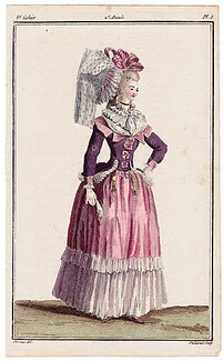 Magasin des Modes Nouvelles Françoises et Angloises 1787 cahier n°8, plate n°1, Desrais, Camisole, Bonnet