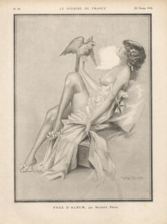 Maurice Pépin 1918 "Page d'Album" Sexy Girl Topless, Parrot