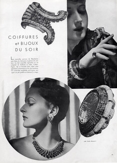 Boucheron 1937 "Coiffures et Bijoux du soir" Brillants et Rubis Bracelets, Necklace, Clip
