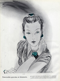 Cartier (Jewels) 1936 Emerald & Diamonds, Bracelet, Hair Clip, Earrings, Art Deco