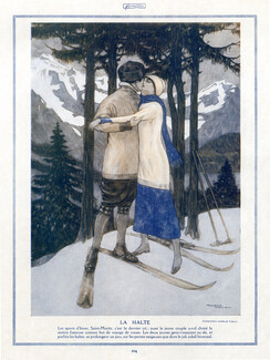 Maurice Lalau 1914 "La Halte" Lovers, Kiss, Skiing, Saint-Moritz